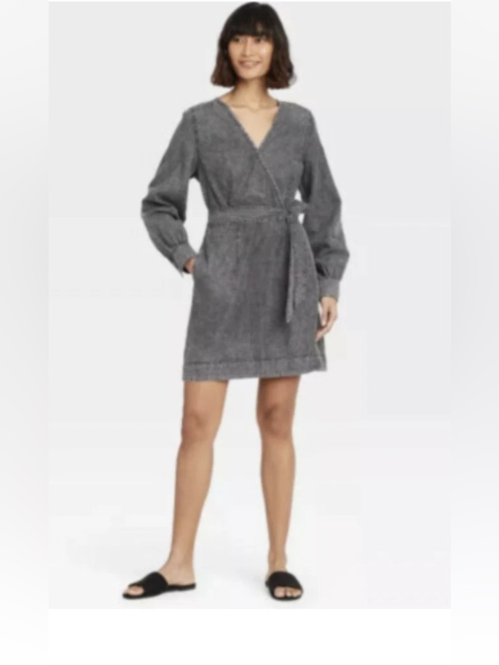 Who‎ What Wear Sz S Denim Jean style Gray Wrap Shirt Dress with Tie Waist Cute🥰